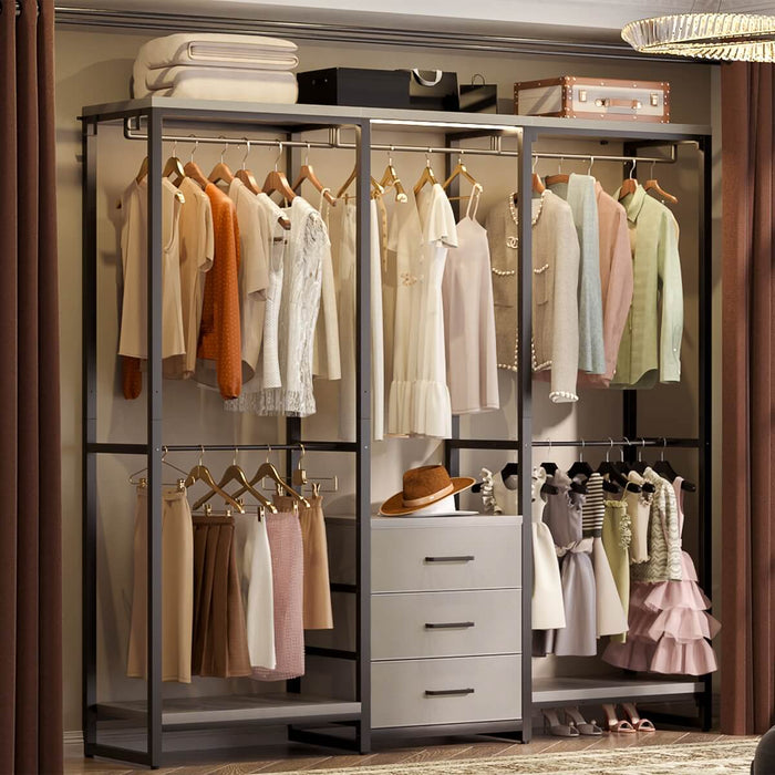 Heavy Duty Clothes Rack with 3 Fabric Drawers, Wood Stoarge Shelf Garment Rack