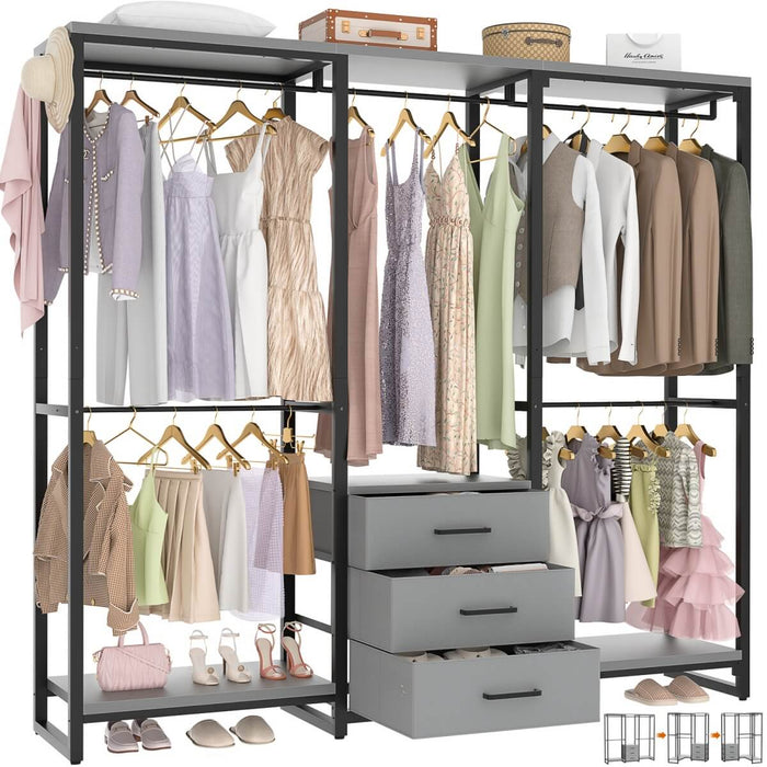 Heavy Duty Clothes Rack with 3 Fabric Drawers, Wood Stoarge Shelf Garment Rack