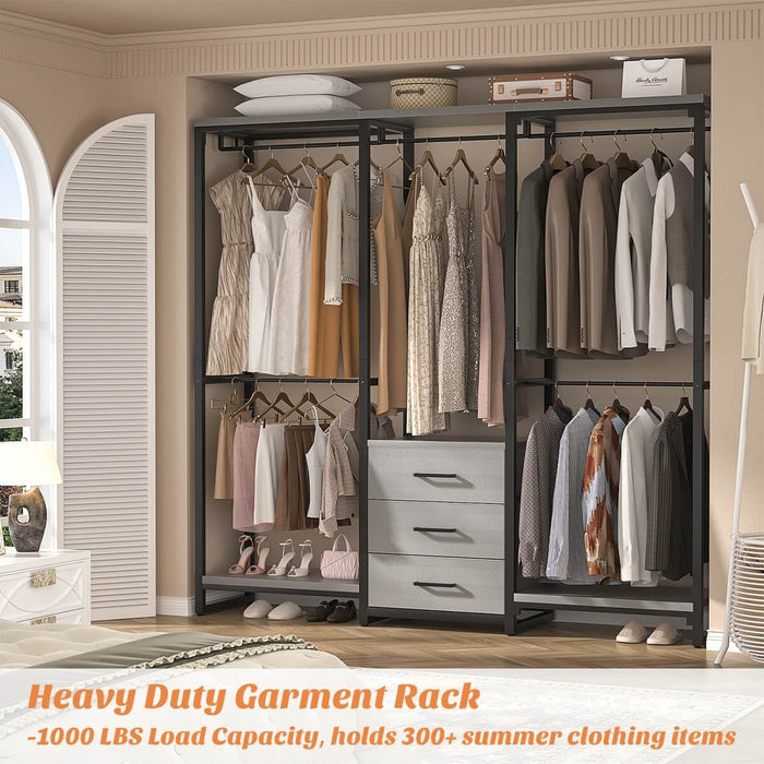 Heavy Duty Clothes Rack with 3 Fabric Drawers, Wood Stoarge Shelf Garment Rack
