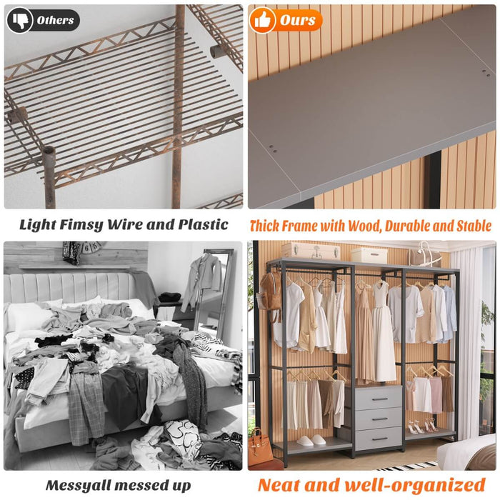 Heavy Duty Clothes Rack with 3 Fabric Drawers, Wood Stoarge Shelf Garment Rack