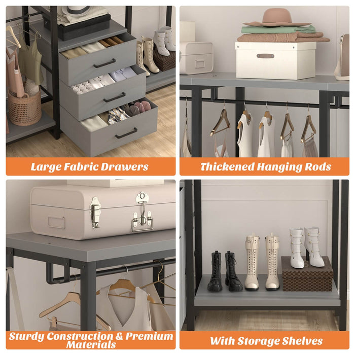 Heavy Duty Clothes Rack with 3 Fabric Drawers, Wood Stoarge Shelf Garment Rack