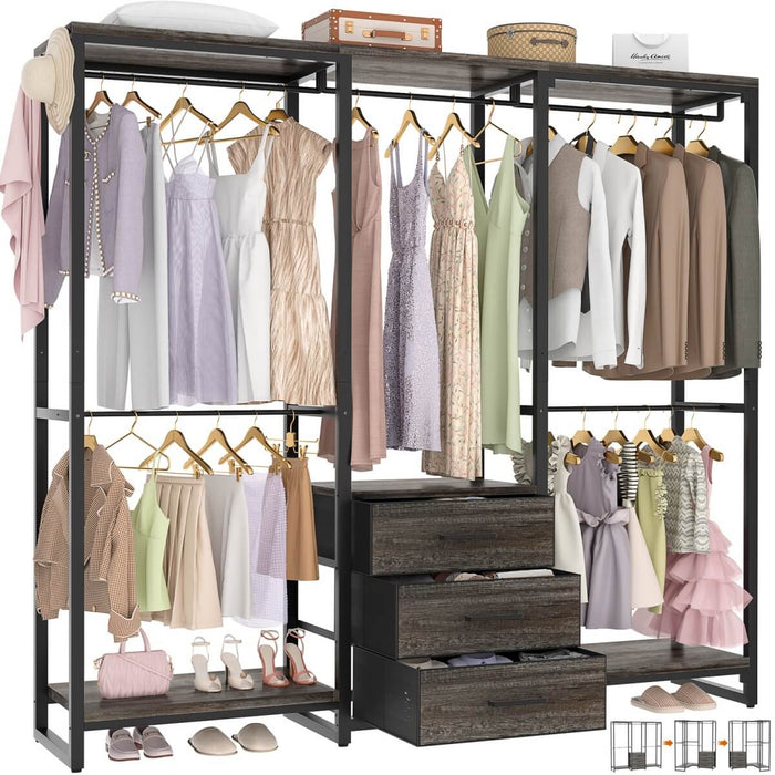 Heavy Duty Clothes Rack with 3 Fabric Drawers, Wood Stoarge Shelf Garment Rack
