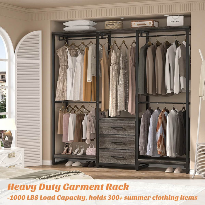 Heavy Duty Clothes Rack with 3 Fabric Drawers, Wood Stoarge Shelf Garment Rack