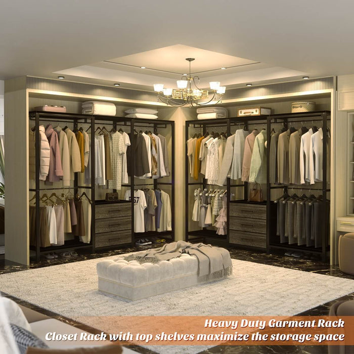 Heavy Duty Clothes Rack with 3 Fabric Drawers, Wood Stoarge Shelf Garment Rack