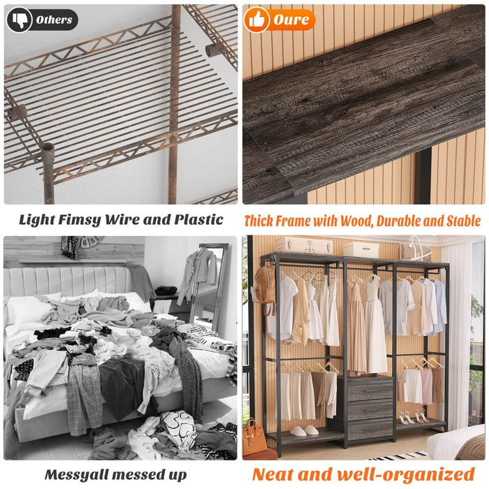 Heavy Duty Clothes Rack with 3 Fabric Drawers, Wood Stoarge Shelf Garment Rack