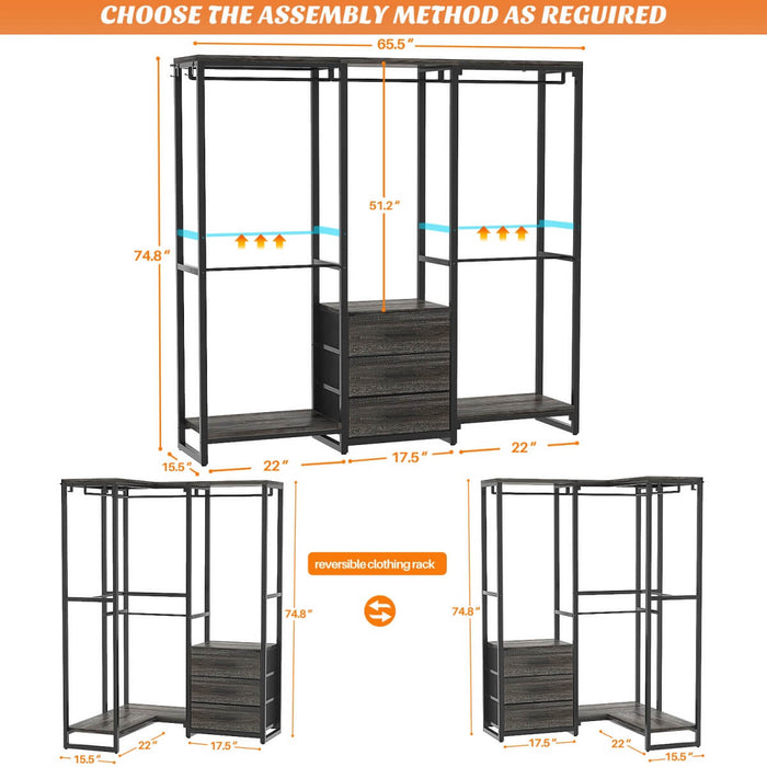 Heavy Duty Clothes Rack with 3 Fabric Drawers, Wood Stoarge Shelf Garment Rack