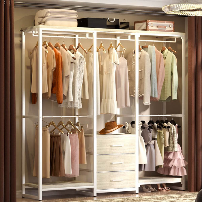 Heavy Duty Clothes Rack with 3 Fabric Drawers, Wood Stoarge Shelf Garment Rack