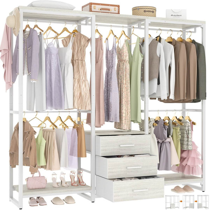 Heavy Duty Clothes Rack with 3 Fabric Drawers, Wood Stoarge Shelf Garment Rack
