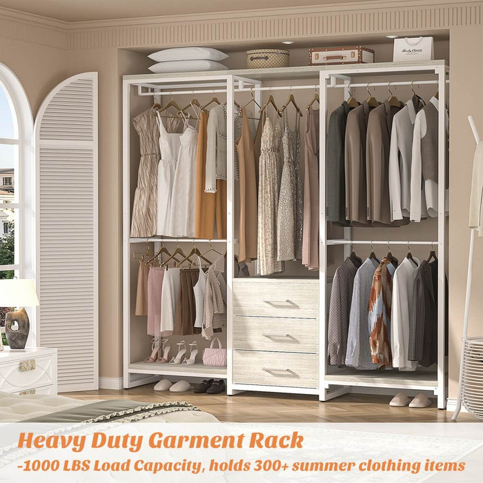 Heavy Duty Clothes Rack with 3 Fabric Drawers, Wood Stoarge Shelf Garment Rack