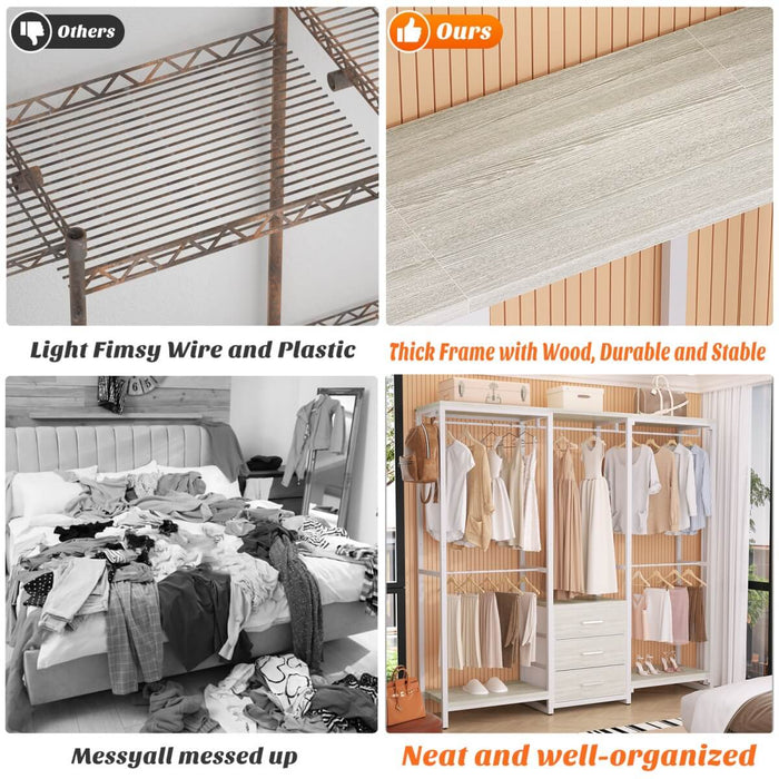 Heavy Duty Clothes Rack with 3 Fabric Drawers, Wood Stoarge Shelf Garment Rack