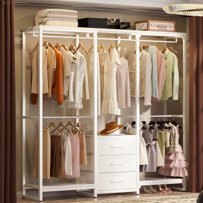 Heavy Duty Clothes Rack with 3 Fabric Drawers, Wood Stoarge Shelf Garment Rack