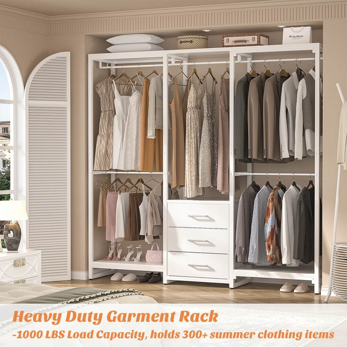 Heavy Duty Clothes Rack with 3 Fabric Drawers, Wood Stoarge Shelf Garment Rack