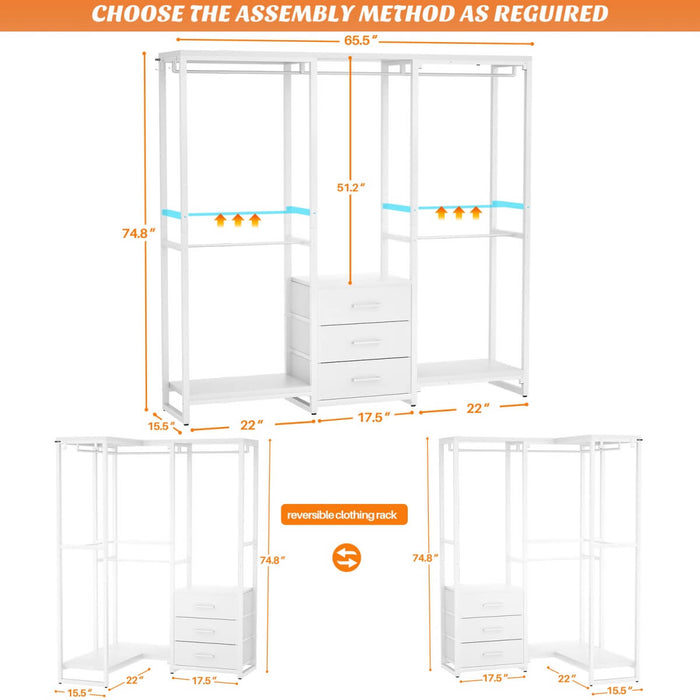 Heavy Duty Clothes Rack with 3 Fabric Drawers, Wood Stoarge Shelf Garment Rack