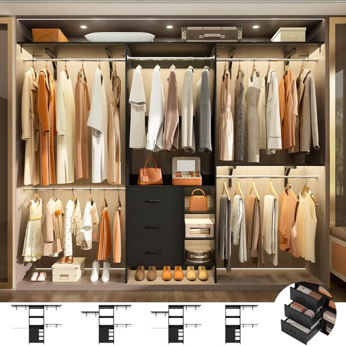 8FT Closet System with 3 Drawers, 3 Shelf Towers and 4 Hanging Rods