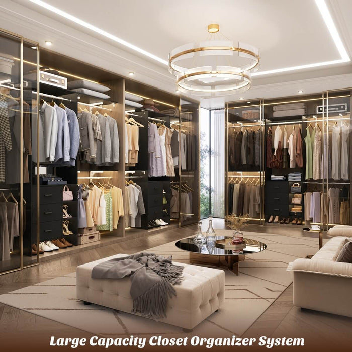 8FT Closet System with 3 Drawers, 3 Shelf Towers and 4 Hanging Rods