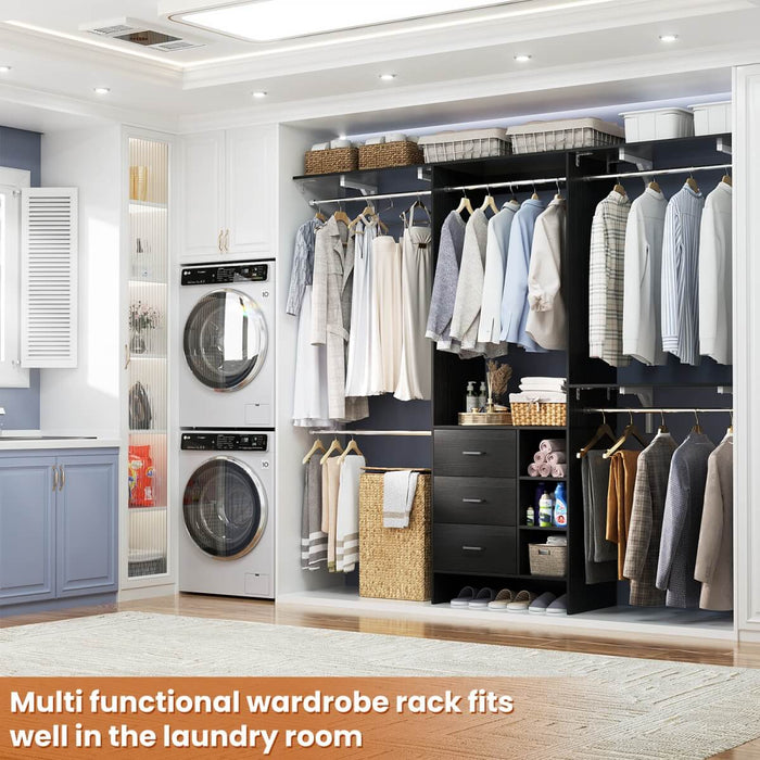 8FT Closet System with 3 Drawers, 3 Shelf Towers and 4 Hanging Rods