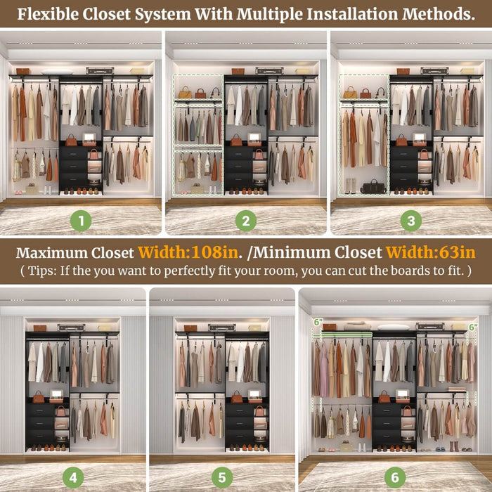 8FT Closet System with 3 Drawers, 3 Shelf Towers and 4 Hanging Rods