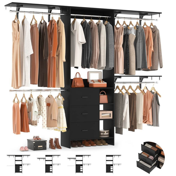 8FT Closet System with 3 Drawers, 3 Shelf Towers and 4 Hanging Rods