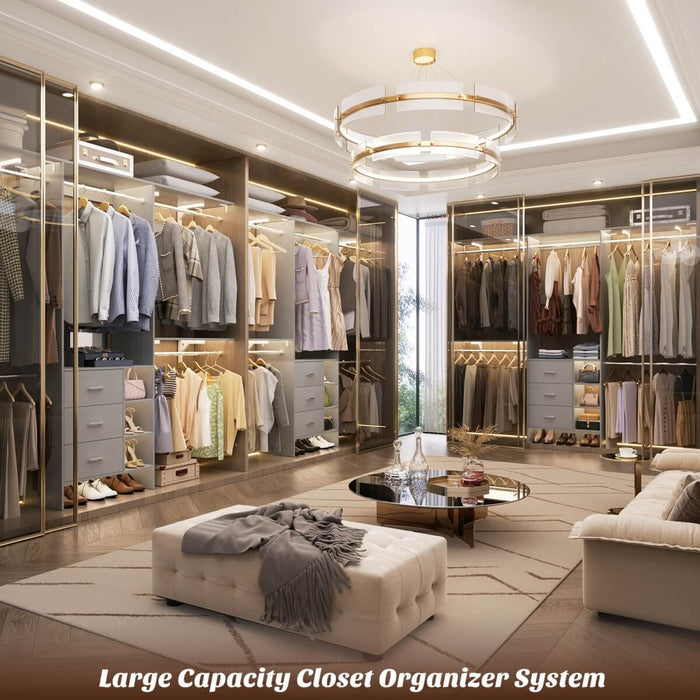 8FT Closet System with 3 Drawers, 3 Shelf Towers and 4 Hanging Rods