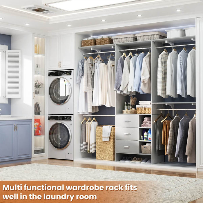 8FT Closet System with 3 Drawers, 3 Shelf Towers and 4 Hanging Rods