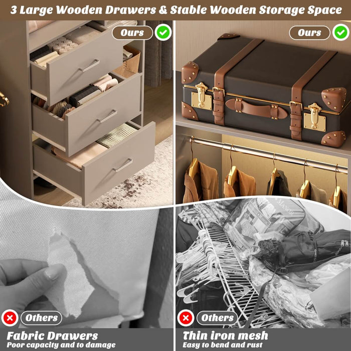 8FT Closet System with 3 Drawers, 3 Shelf Towers and 4 Hanging Rods