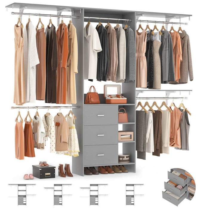 8FT Closet System with 3 Drawers, 3 Shelf Towers and 4 Hanging Rods