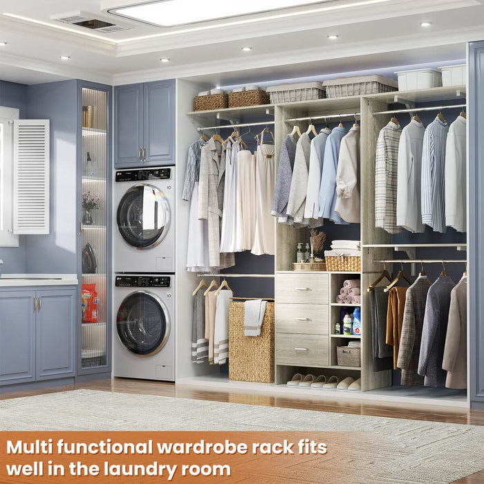 8FT Closet System with 3 Drawers, 3 Shelf Towers and 4 Hanging Rods