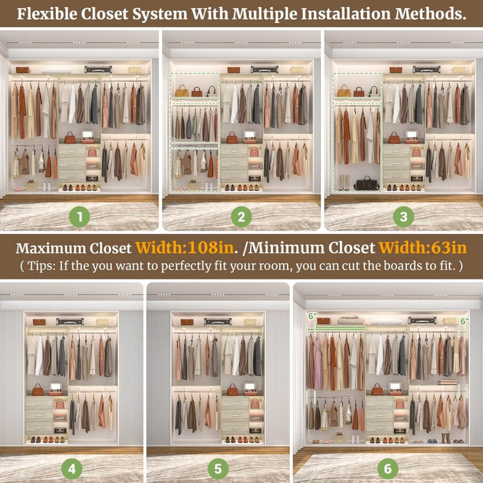 8FT Closet System with 3 Drawers, 3 Shelf Towers and 4 Hanging Rods