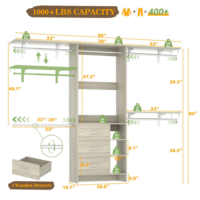 8FT Closet System with 3 Drawers, 3 Shelf Towers and 4 Hanging Rods