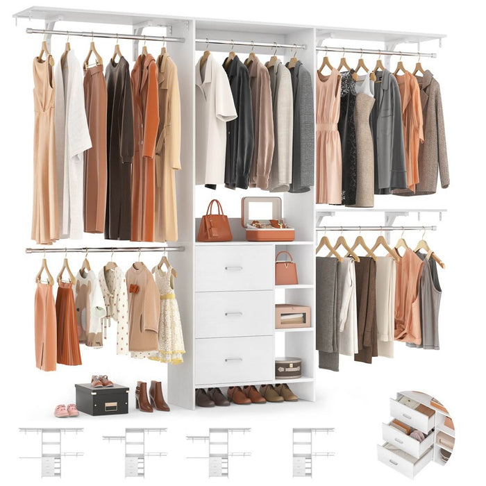 8FT Closet System with 3 Drawers, 3 Shelf Towers and 4 Hanging Rods