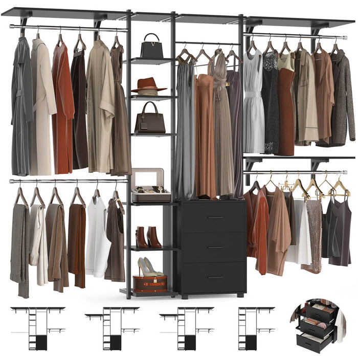 96 Inch Walk-in Wall Mounted Metal Garment Rack Clothing Rack with Drawers