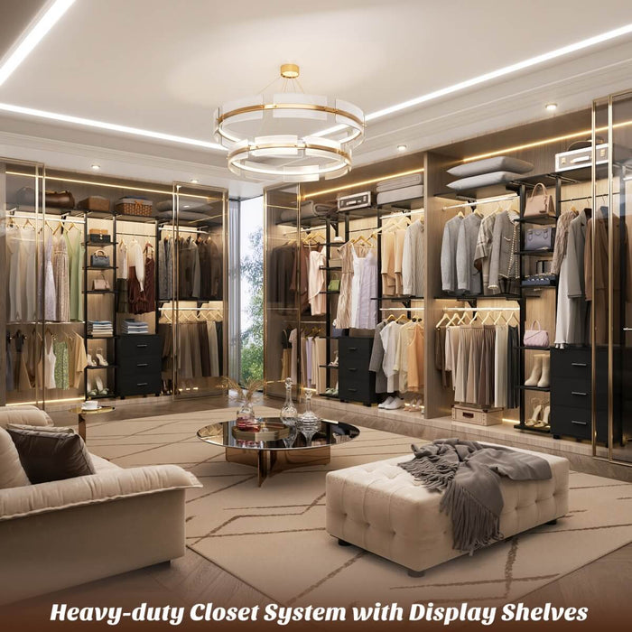 96 Inch Walk-in Wall Mounted Metal Garment Rack Clothing Rack with Drawers