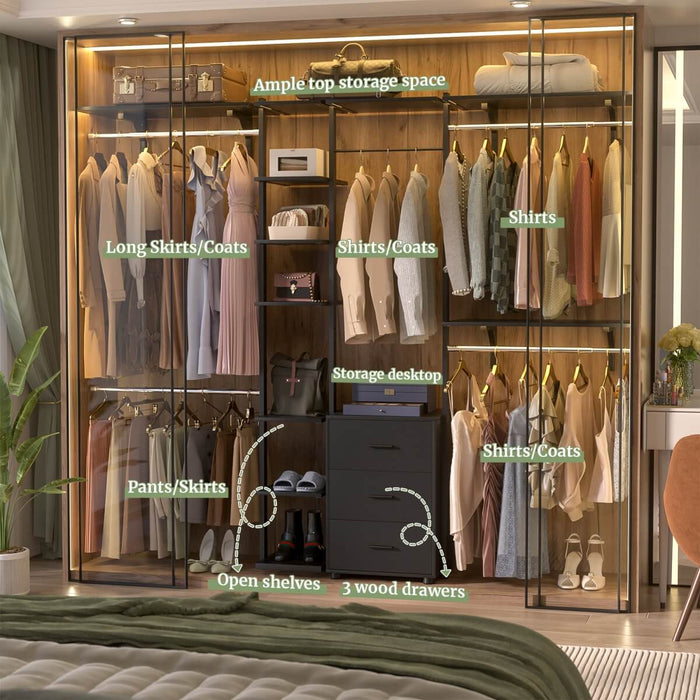 96 Inch Walk-in Wall Mounted Metal Garment Rack Clothing Rack with Drawers