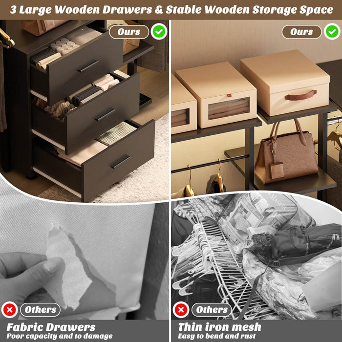 96 Inch Walk-in Wall Mounted Metal Garment Rack Clothing Rack with Drawers