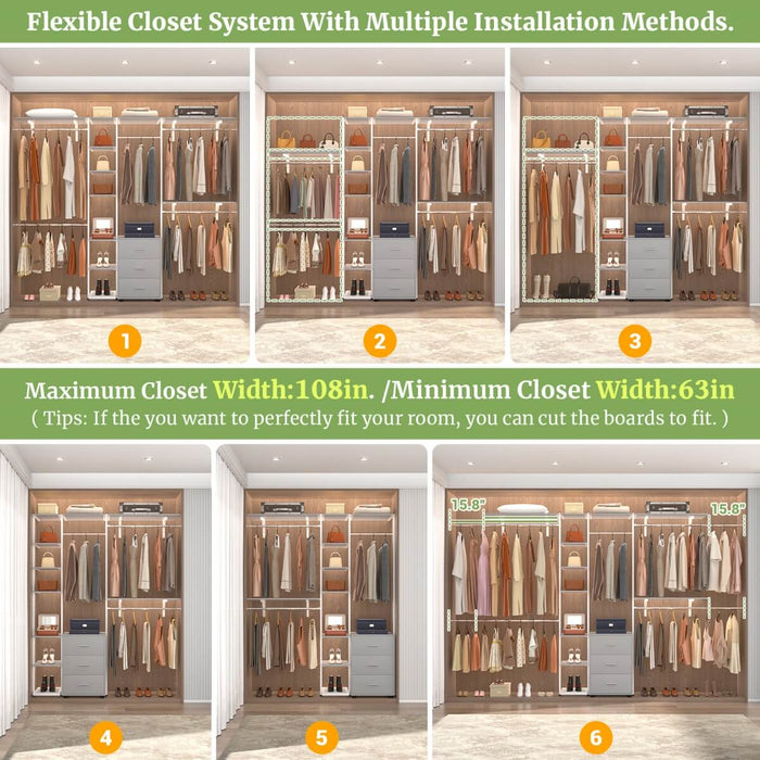 96 Inch Walk-in Wall Mounted Metal Garment Rack Clothing Rack with Drawers