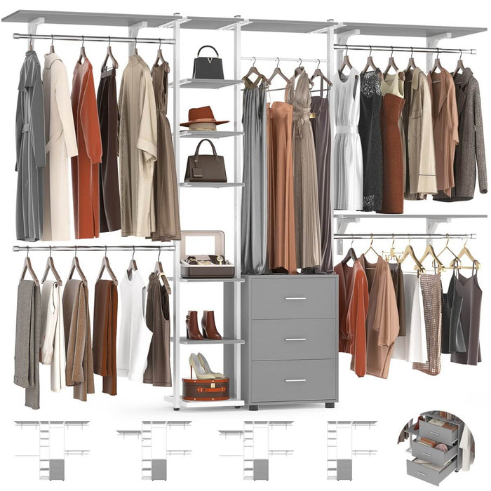 96 Inch Walk-in Wall Mounted Metal Garment Rack Clothing Rack with Drawers