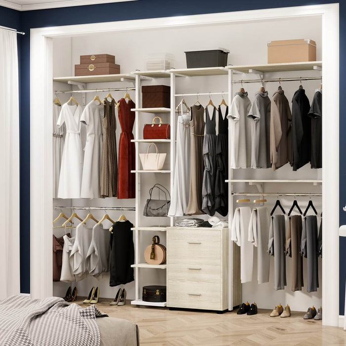 96 Inch Walk-in Wall Mounted Metal Garment Rack Clothing Rack with Drawers