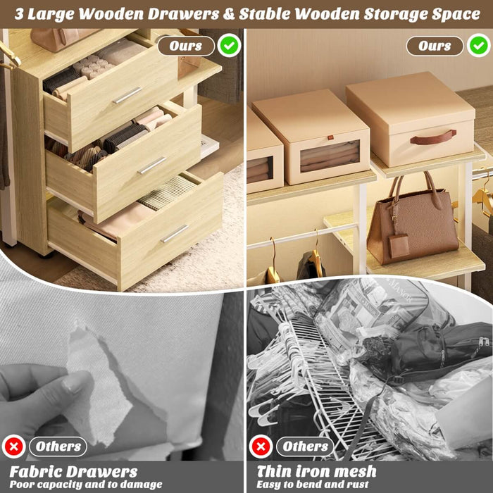 96 Inch Walk-in Wall Mounted Metal Garment Rack Clothing Rack with Drawers