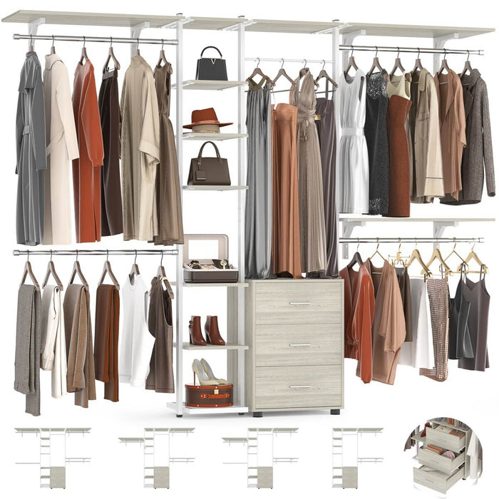 96 Inch Walk-in Wall Mounted Metal Garment Rack Clothing Rack with Drawers