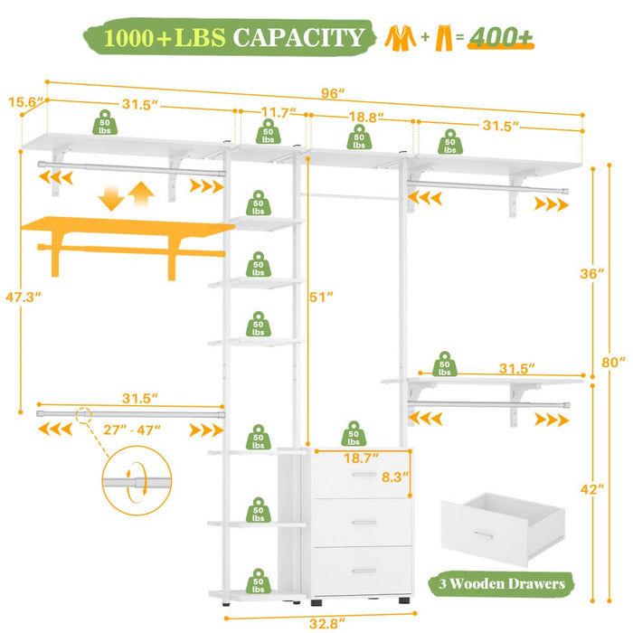 96 Inch Walk-in Wall Mounted Metal Garment Rack Clothing Rack with Drawers