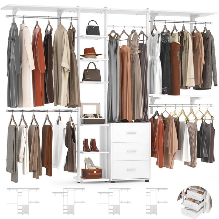 96 Inch Walk-in Wall Mounted Metal Garment Rack Clothing Rack with Drawers