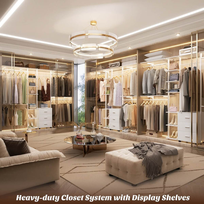 96 Inch Walk-in Wall Mounted Metal Garment Rack Clothing Rack with Drawers