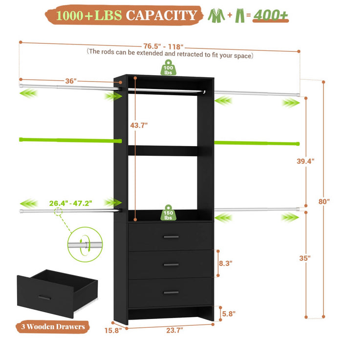 118 Inch Closet System with 3 Drawers & 5 Hanging Rods