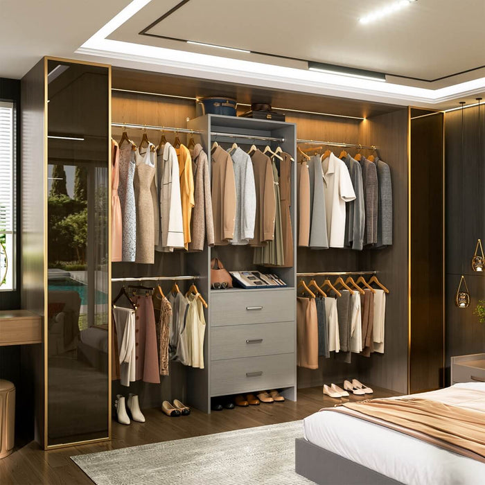 118 Inch Closet System with 3 Drawers & 5 Hanging Rods