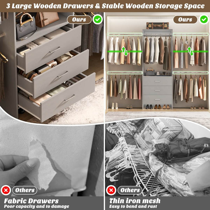 118 Inch Closet System with 3 Drawers & 5 Hanging Rods