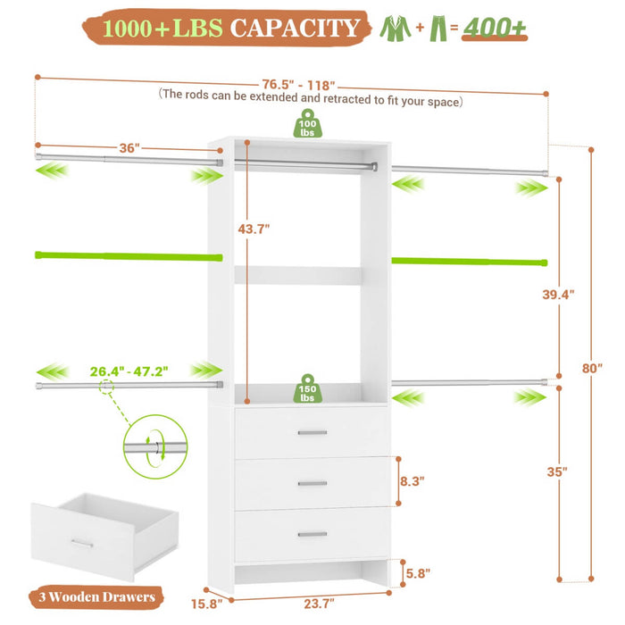 118 Inch Closet System with 3 Drawers & 5 Hanging Rods