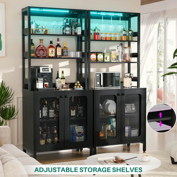 67'' Bar Cabinet with Power Outlets, Tall Wine Bar Cabinet with LED Lights and Glass Holder