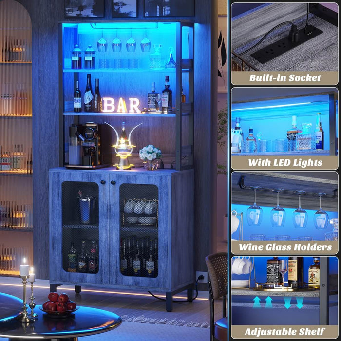 67'' Bar Cabinet with Power Outlets, Tall Wine Bar Cabinet with LED Lights and Glass Holder