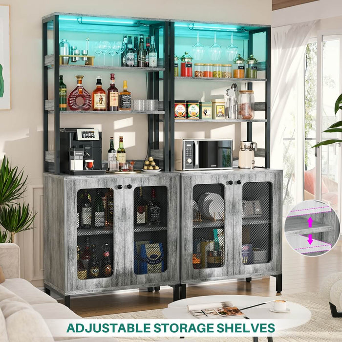 67'' Bar Cabinet with Power Outlets, Tall Wine Bar Cabinet with LED Lights and Glass Holder