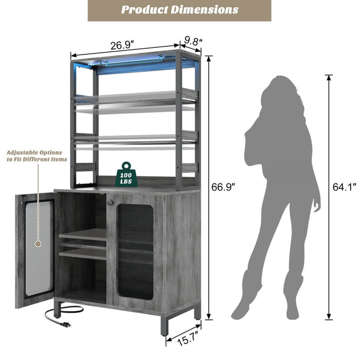 67'' Bar Cabinet with Power Outlets, Tall Wine Bar Cabinet with LED Lights and Glass Holder